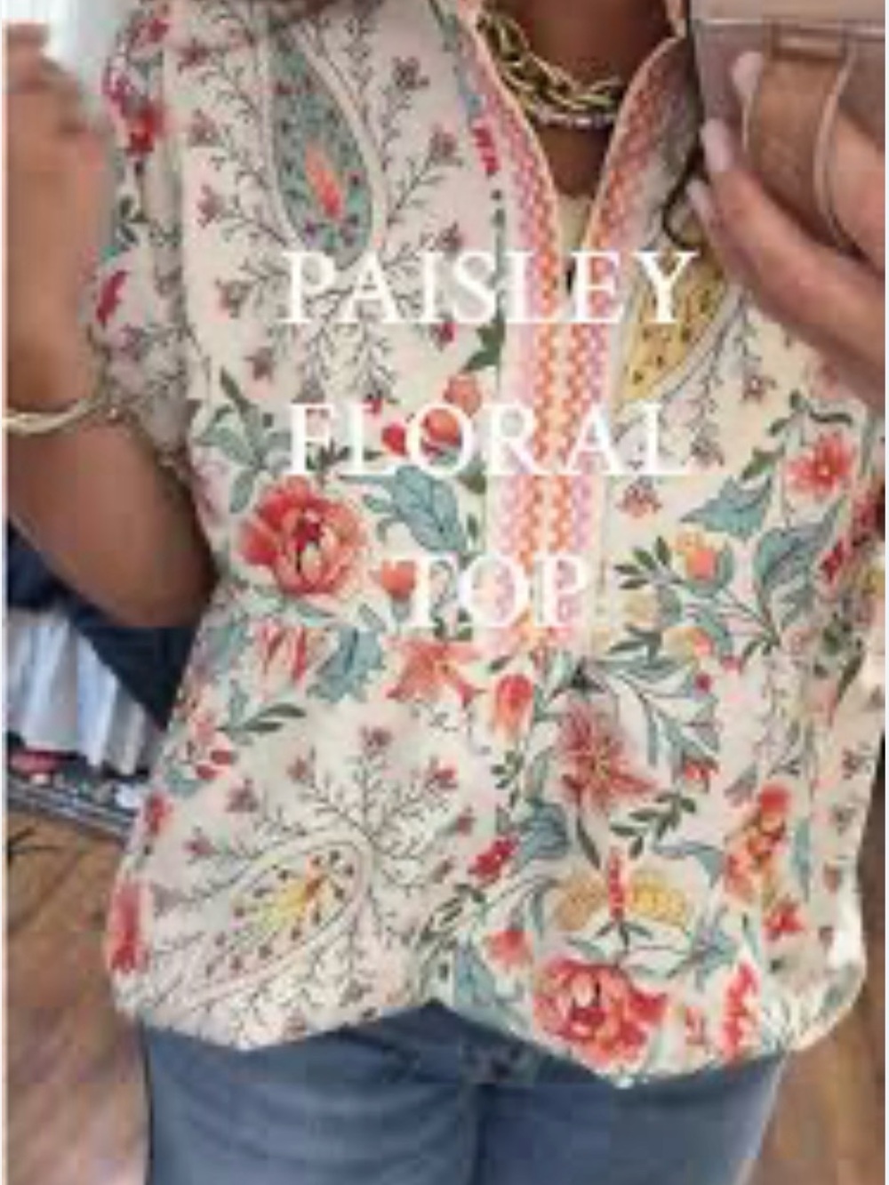 NWT Cherry Betty Floral Poplin Short Sleeve Tunic Shirt - White with Coral & Tea